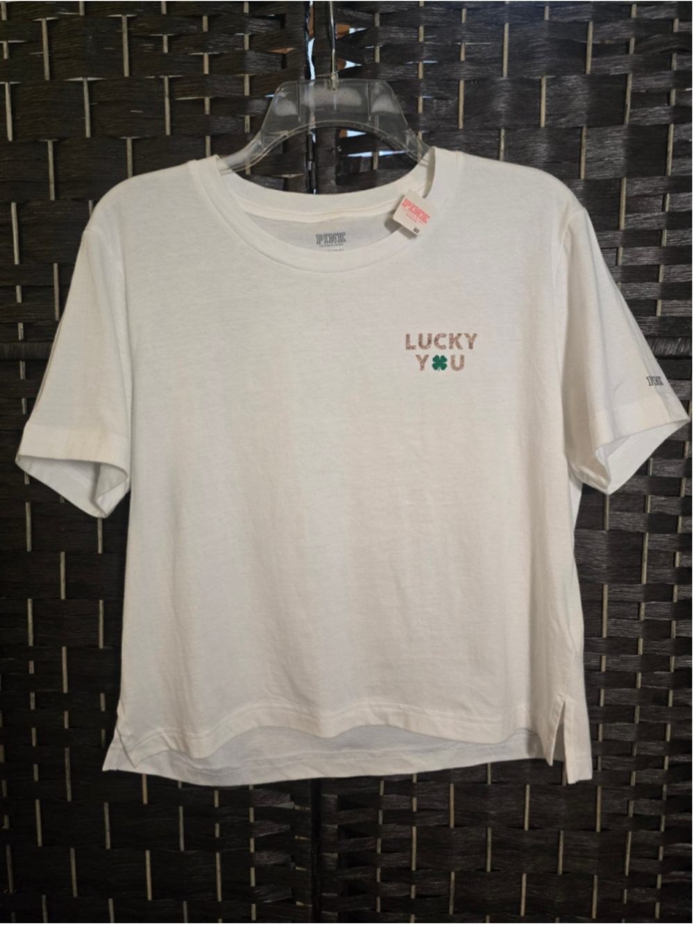 Victoria's Secret PINK Lucky You St Patricks Day Crop T-Shirt Shamrock White S
